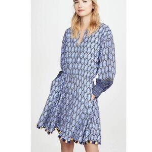 Derek Lam 10 Crosby Cassia Printed Tassel Hem Dress Boho Blue Size 6
